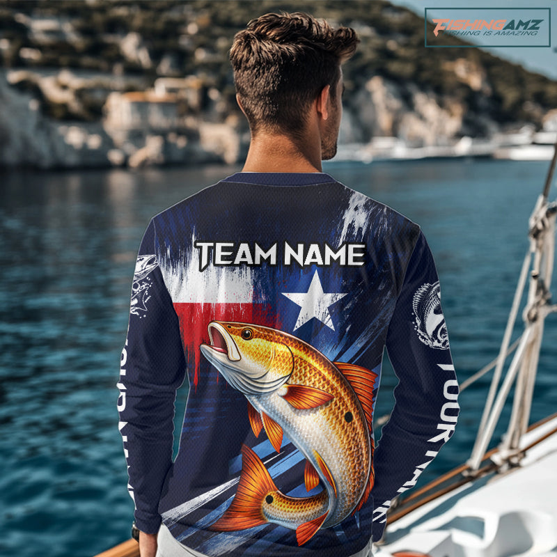 Personalized redfish long sleeve performance fishing shirt, redfish custom Texas fishing jersey