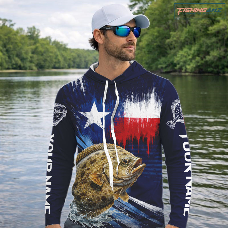 Personalized flounder hooded long sleeve performance fishing shirt with UPF 30+ protection, left and right sleeve name boxes, and team name customization