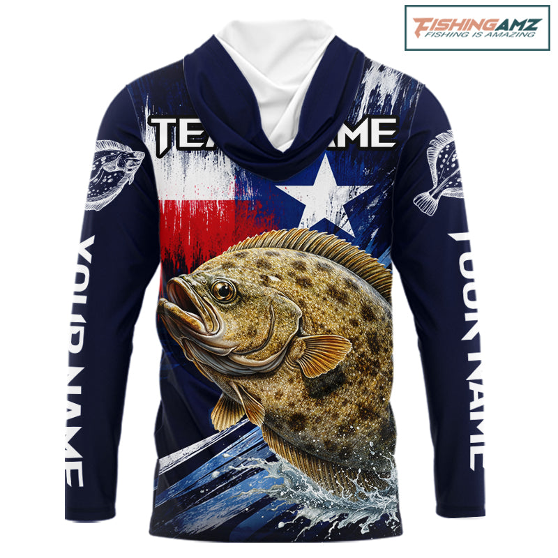 Personalized flounder hooded long sleeve performance fishing shirt with UPF 30+ protection, left and right sleeve name boxes, and team name customization