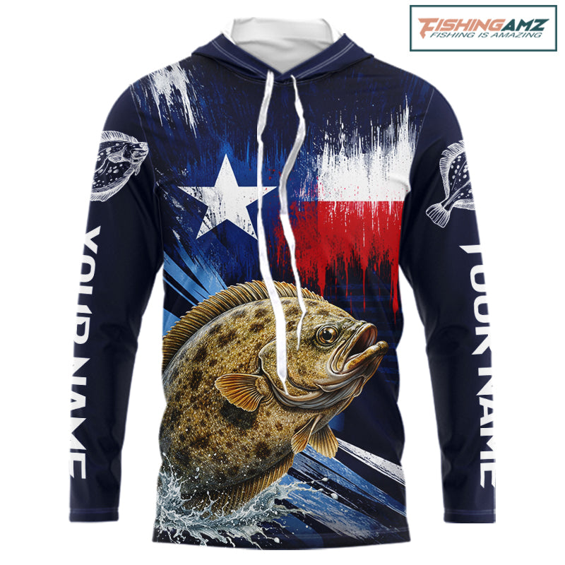 Personalized flounder hooded long sleeve performance fishing shirt with UPF 30+ protection, left and right sleeve name boxes, and team name customization