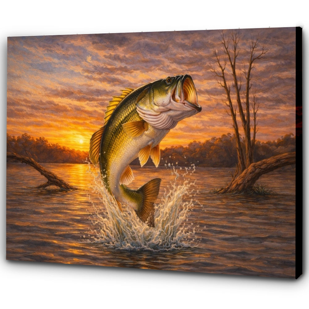 Jumping Bass Painting - Jumping Largemouth Bass Canvas Wall Art NHT440