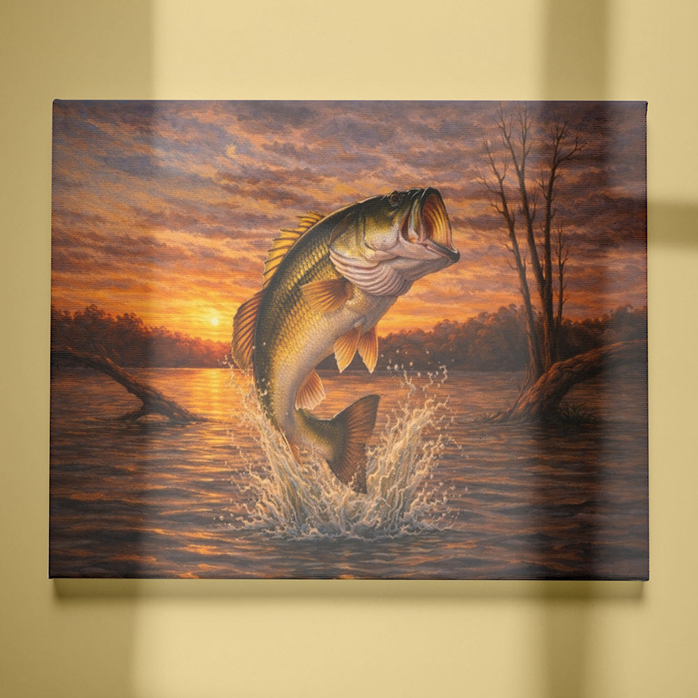 Jumping Bass Painting - Jumping Largemouth Bass Canvas Wall Art NHT440