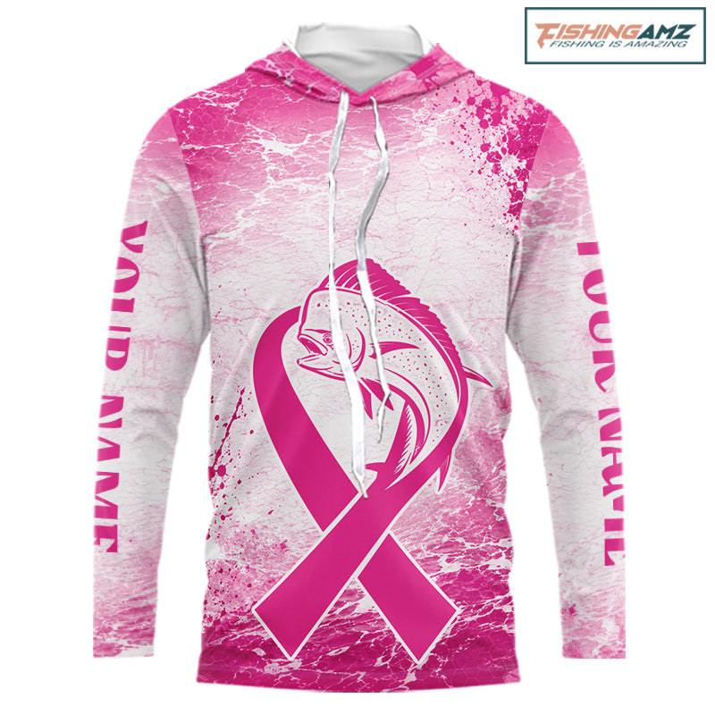 Pink Mahi Mahi Fishing Shirt Hooded Long Sleeve, Breast Cancer Awareness Fishing Shirt, Fisher Gift NHT1470