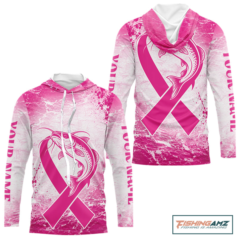 Pink Catfish Fishing Shirt Hooded Long Sleeve, Breast Cancer Awareness Fishing Shirt, Catfish Fisher Gift NHT1473