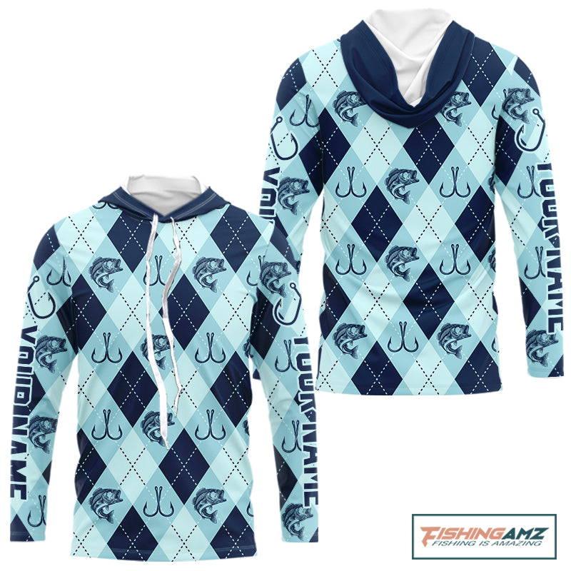 Personalized Largemouth Bass Fishing Hooded Long Sleeve Shirt, Argyle Fish Pattern Top NHT1481