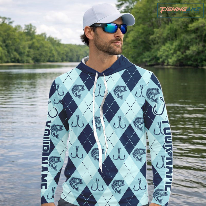 Personalized Largemouth Bass Fishing Hooded Long Sleeve Shirt, Argyle Fish Pattern Top NHT1481