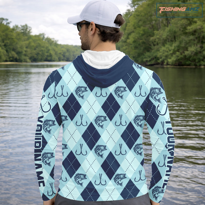 Personalized Largemouth Bass Fishing Hooded Long Sleeve Shirt, Argyle Fish Pattern Top NHT1481