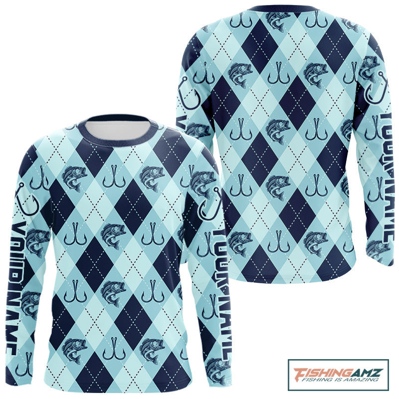 Personalized Largemouth Bass Fishing Long Sleeve Shirt, Argyle Fish Pattern Top NHT1481