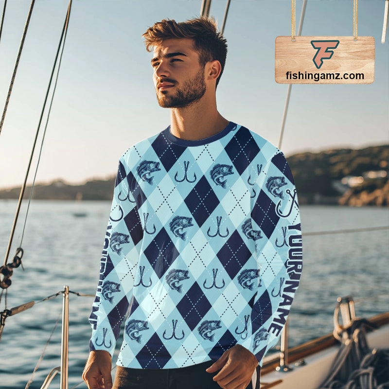 Personalized Largemouth Bass Fishing Long Sleeve Shirt, Argyle Fish Pattern Top NHT1481