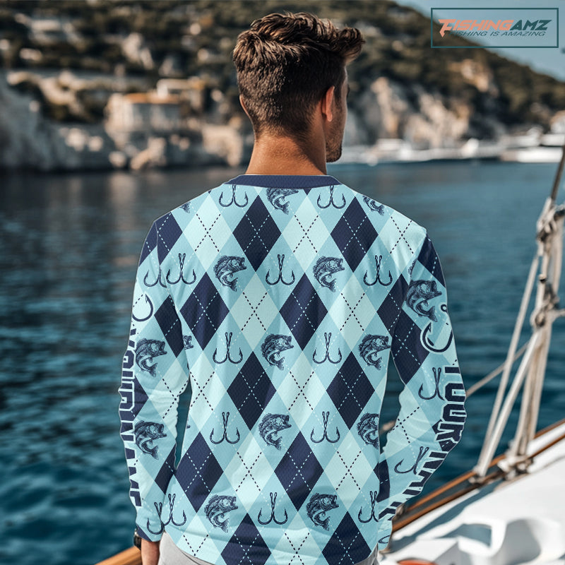 Personalized Largemouth Bass Fishing Long Sleeve Shirt, Argyle Fish Pattern Top NHT1481