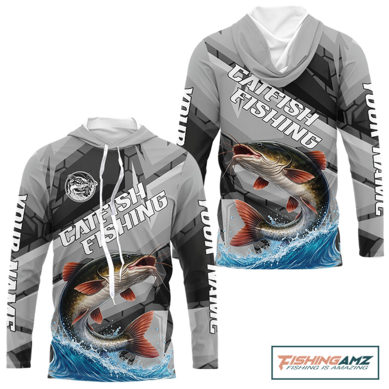 Gray Camo Custom Catfish Fishing Shirts Long Sleeve Hooded, Catfish Fishing Jerseys For Men NHT445