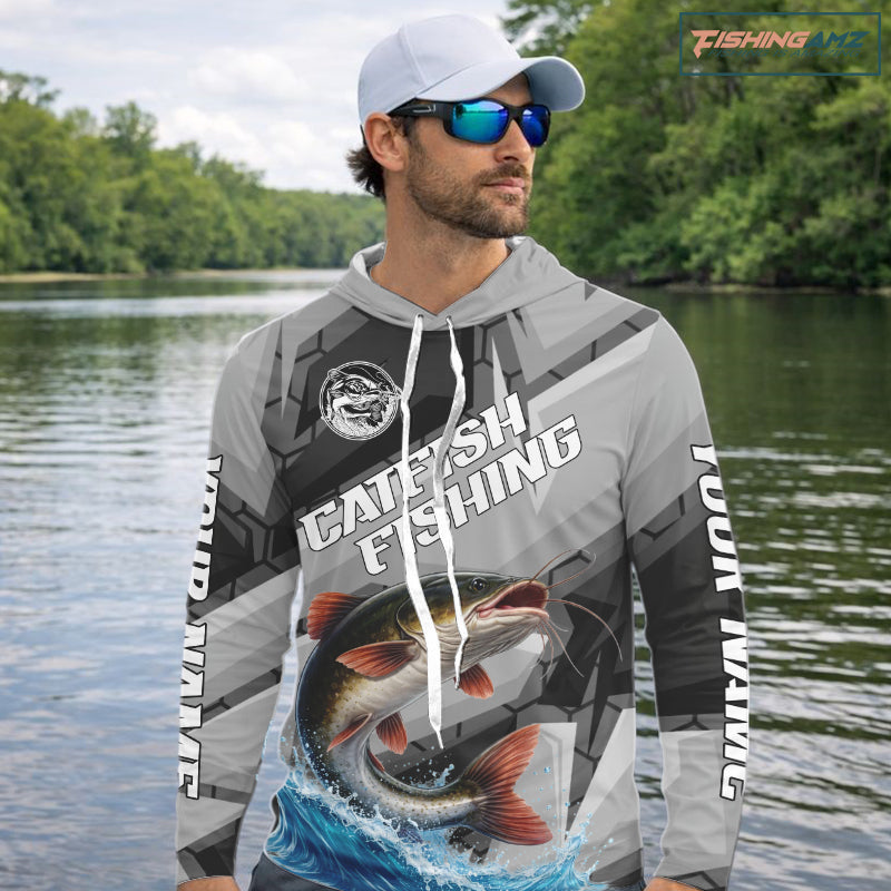 Gray Camo Custom Catfish Fishing Shirts Long Sleeve Hooded, Catfish Fishing Jerseys For Men NHT445