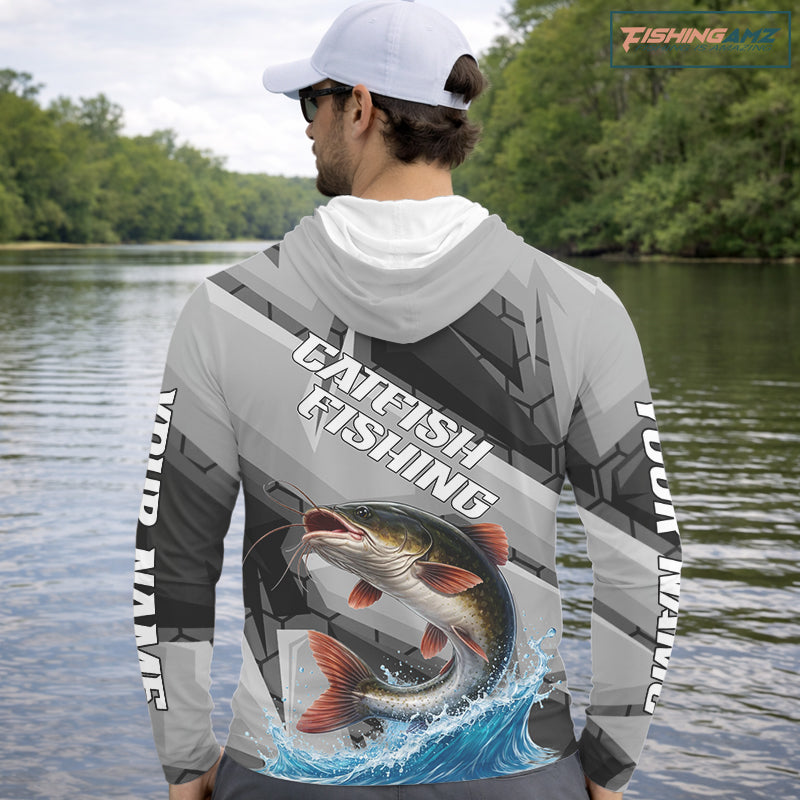 Gray Camo Custom Catfish Fishing Shirts Long Sleeve Hooded, Catfish Fishing Jerseys For Men NHT445