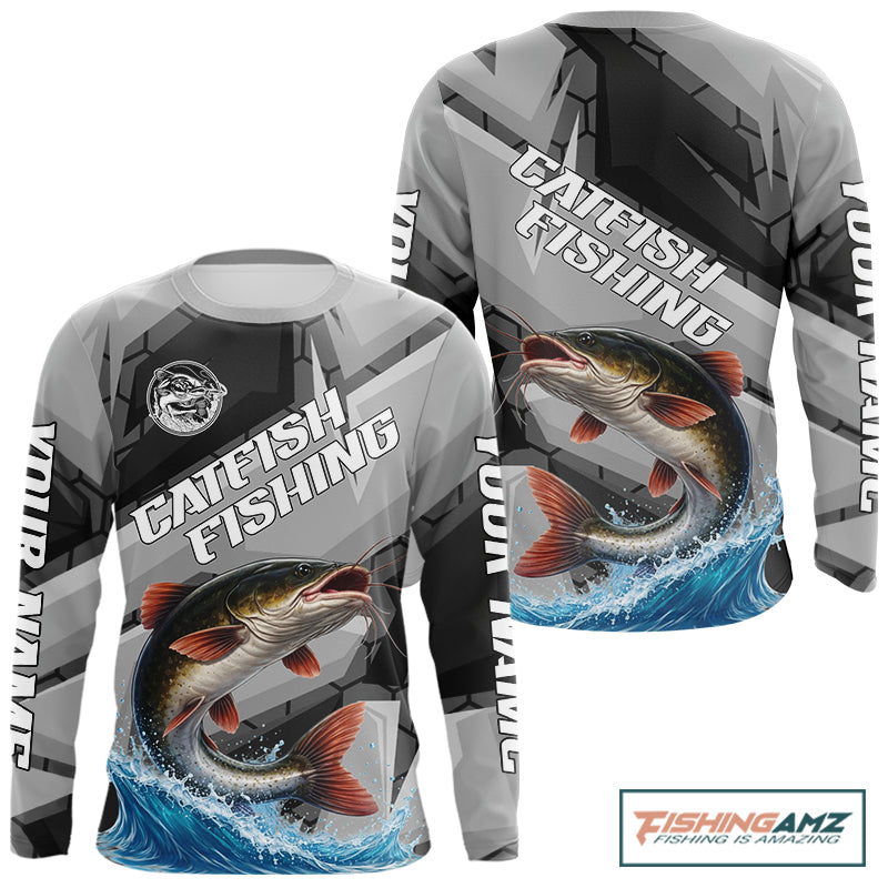 Gray Camo Custom Catfish Fishing Shirts Long Sleeve, Catfish Fishing Jerseys For Men NHT445