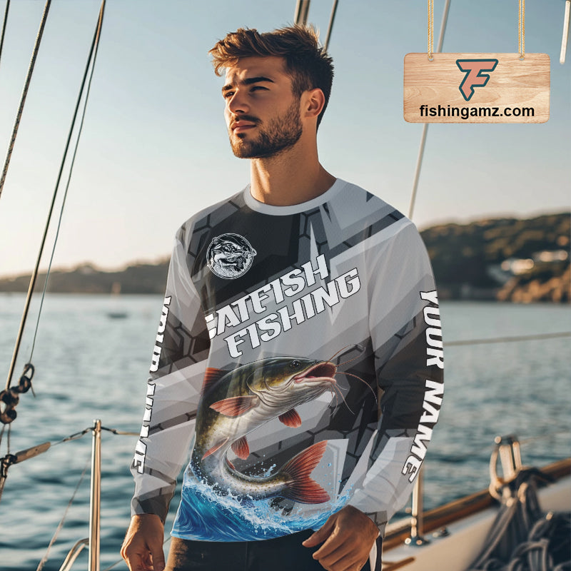Gray Camo Custom Catfish Fishing Shirts Long Sleeve, Catfish Fishing Jerseys For Men NHT445