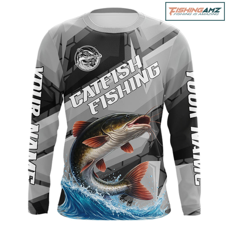 Gray Camo Custom Catfish Fishing Shirts Long Sleeve, Catfish Fishing Jerseys For Men NHT445