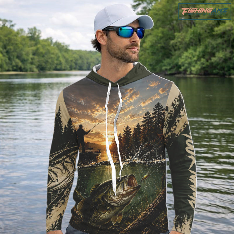 Personalized Bass Hooded Fishing Shirt – Angler Sunset Lake Design, Outdoor Fishing Apparel Gift For Dad NHT866