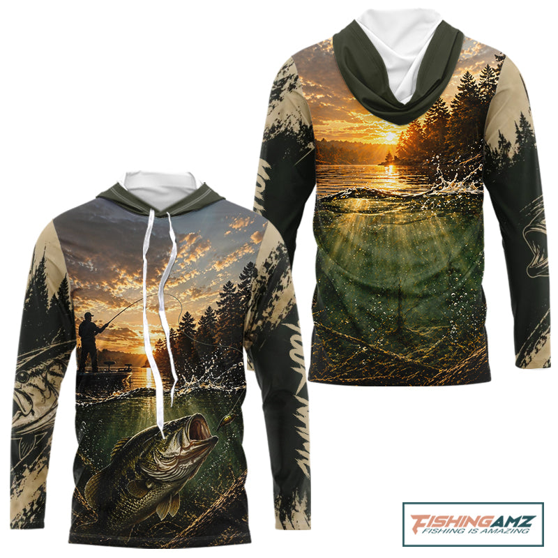 Personalized Bass Hooded Fishing Shirt – Angler Sunset Lake Design, Outdoor Fishing Apparel Gift For Dad NHT866