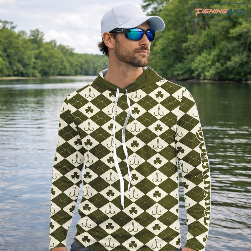 Irish Fishing Shirt Hooded Long Sleeve Shamrock Argyle, Funny Hook & Clover Pattern Top For Anglers NHT1483