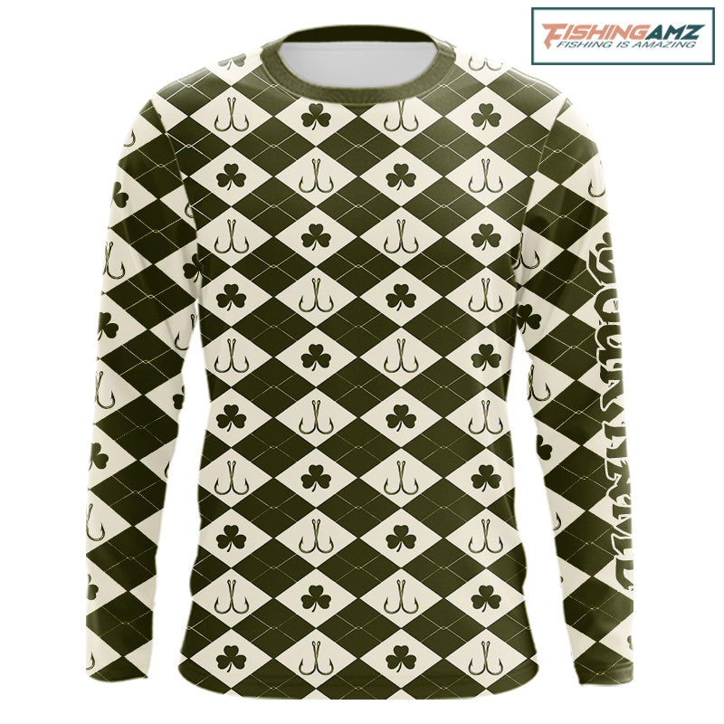 Irish Fishing Shirt Long Sleeve Shamrock Argyle, Funny Hook & Clover Pattern Top For Anglers NHT1483