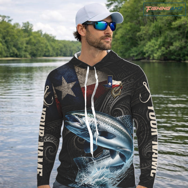 Personalized Texas Chinook Salmon Hooded Fishing Shirt – Custom Name Angler Apparel For Fishermen