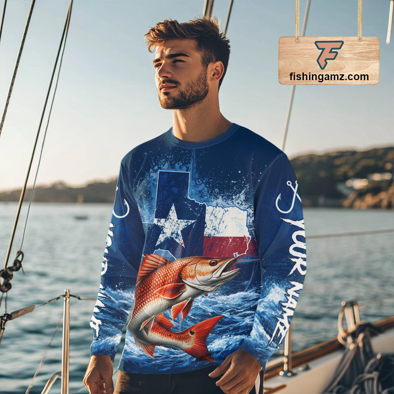 Texas Flag Redfish Fishing Jersey Performance Fishing Shirt, Saltwater Angler Gift For Men