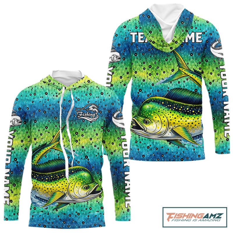 Mahi Mahi Fishing Team Jerseys, Mahi Mahi Fishing Shirts Long Sleeve Hooded Green Camo NHT614