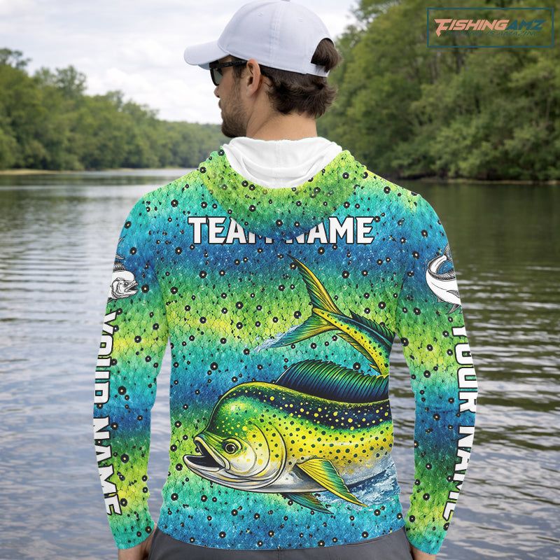 Mahi Mahi Fishing Team Jerseys, Mahi Mahi Fishing Shirts Long Sleeve Hooded Green Camo NHT614