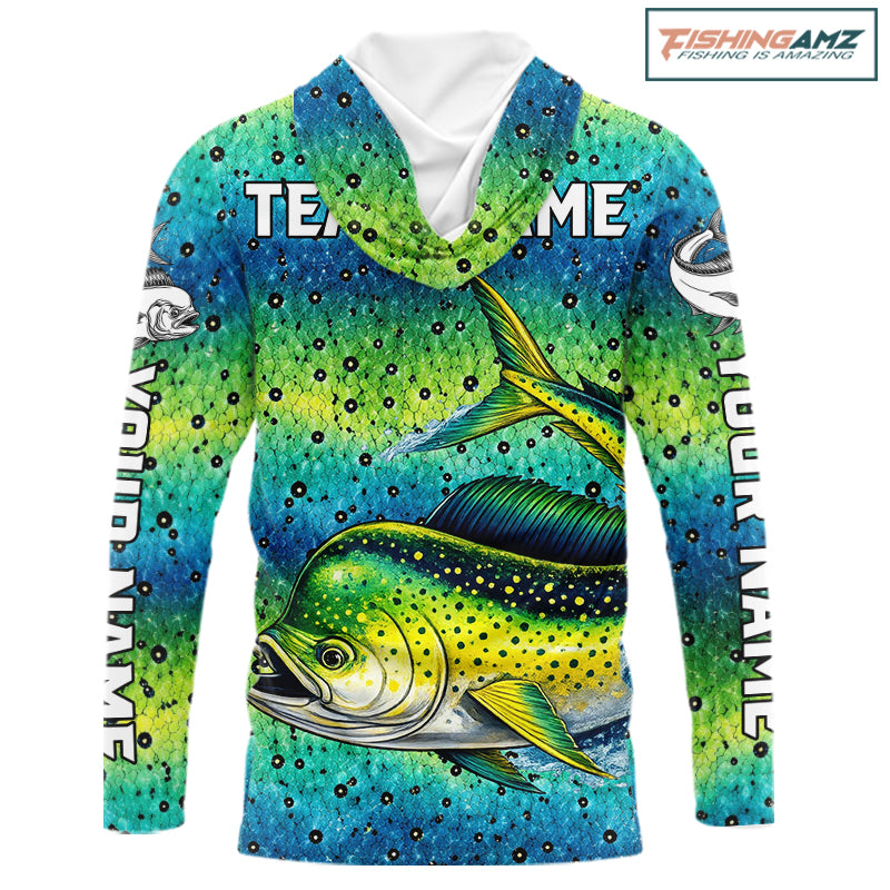 Mahi Mahi Fishing Team Jerseys, Mahi Mahi Fishing Shirts Long Sleeve Hooded Green Camo NHT614
