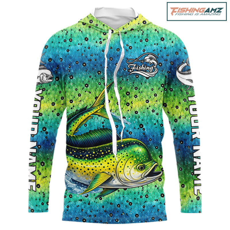 Mahi Mahi Fishing Team Jerseys, Mahi Mahi Fishing Shirts Long Sleeve Hooded Green Camo NHT614