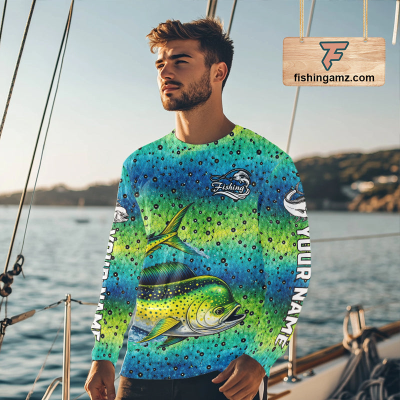 Mahi Mahi Fishing Team Jerseys, Mahi Mahi Fishing Shirts Long Sleeve Green Camo NHT614