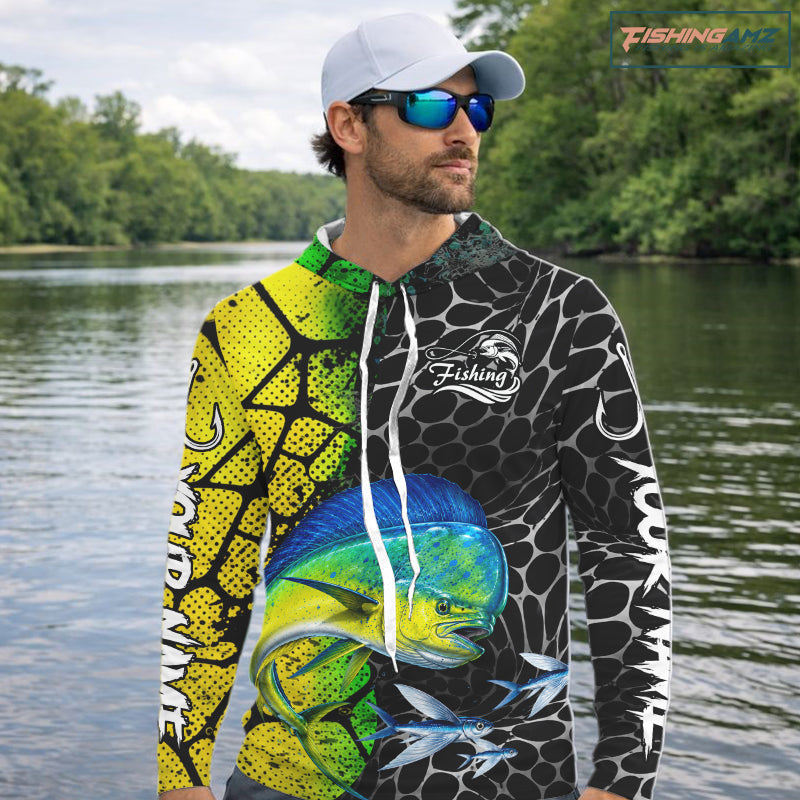 Custom Mahi Mahi Fishing Shirts Hooded Long Sleeve Performance Jersey Long Sleeve Angler Gift NHT1333
