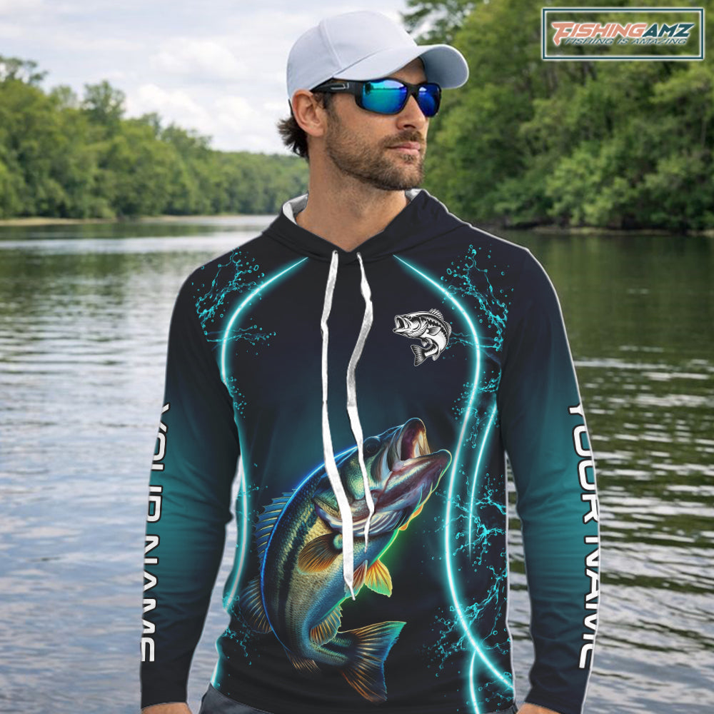 Personalized Neon Bass Fishing Shirt, Largemouth Bass Long Sleeve Hooded Performance Apparel