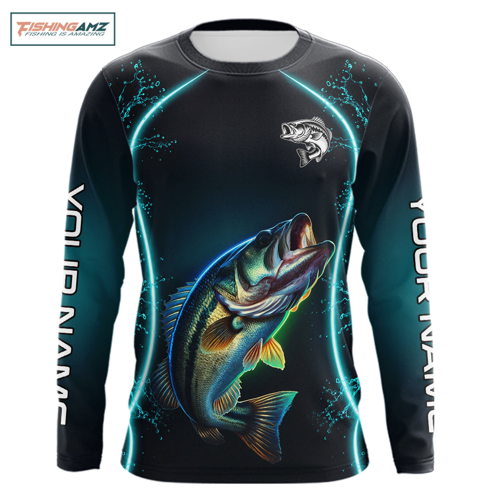 Personalized Neon Bass Fishing Shirt, Largemouth Bass Long Sleeve Performance Apparel