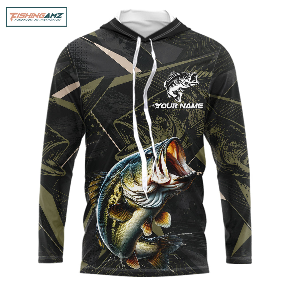 Personalized Bass Fishing Jersey, Custom Name Long Sleeve Hooded Fishing Shirt For Men