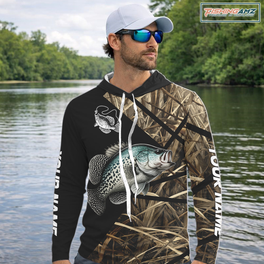 Crappie Fishing Custom Camouflage Fishing Shirts Long Sleeve Hooded, Crappie Fishing Apparel NHT524