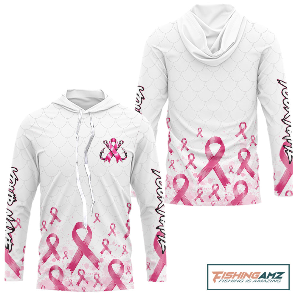 Fishing Shirt Long Sleeve Hooded Pink Ribbon Breast Cancer Awareness For Women, Men NHT1497