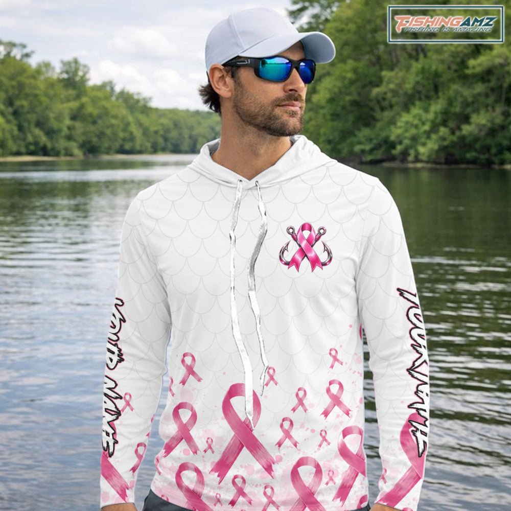 Fishing Shirt Long Sleeve Hooded Pink Ribbon Breast Cancer Awareness For Women, Men NHT1497