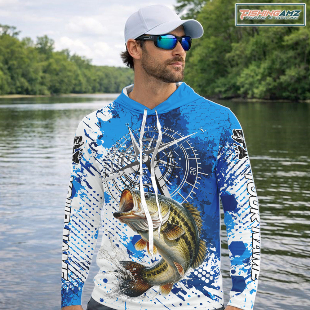 Blue Camo Custom Largemouth Bass Compass Hooded Long Sleeve Tournament Fishing Shirts