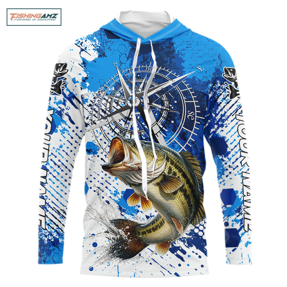Blue Camo Custom Largemouth Bass Compass Hooded Long Sleeve Tournament Fishing Shirts