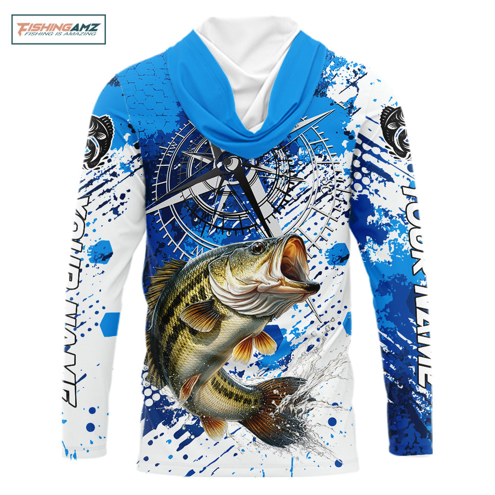 Blue Camo Custom Largemouth Bass Compass Hooded Long Sleeve Tournament Fishing Shirts