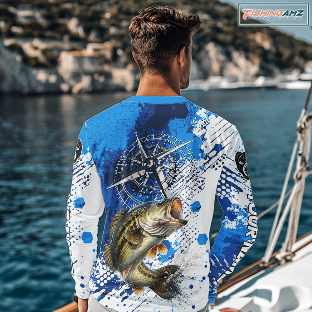 Blue Camo Custom Largemouth Bass Compass Long Sleeve Tournament Fishing Shirts NHT527