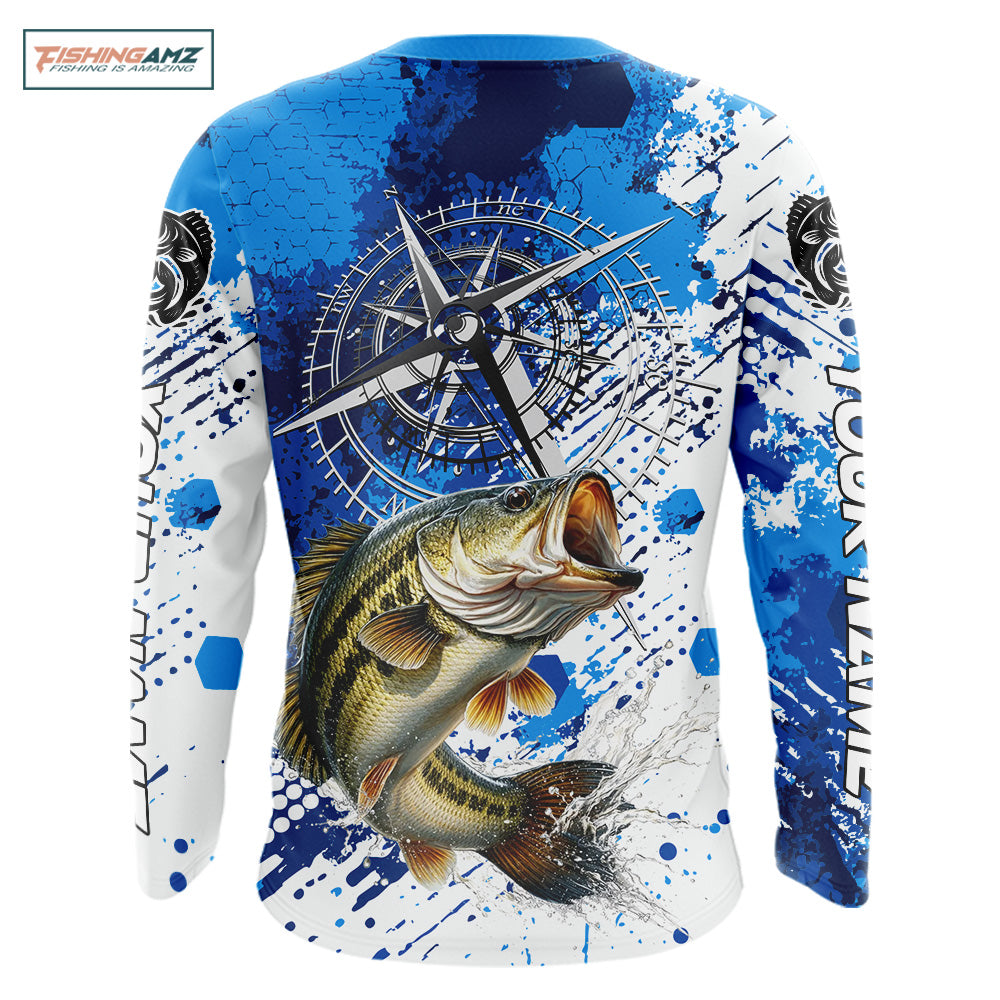 Blue Camo Custom Largemouth Bass Compass Long Sleeve Tournament Fishing Shirts NHT527