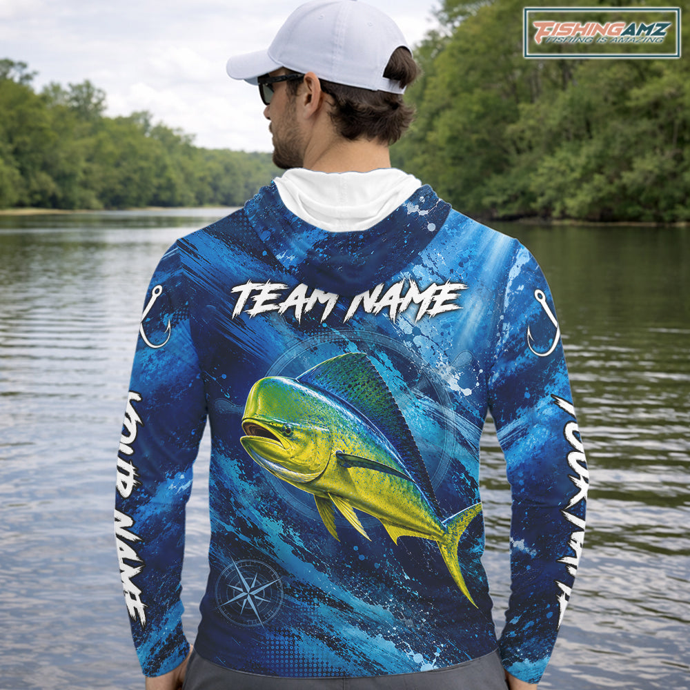 Custom Mahi Mahi Fishing Jersey, Personalized Long Sleeve Hooded Performance Fishing Shirt NHT1221