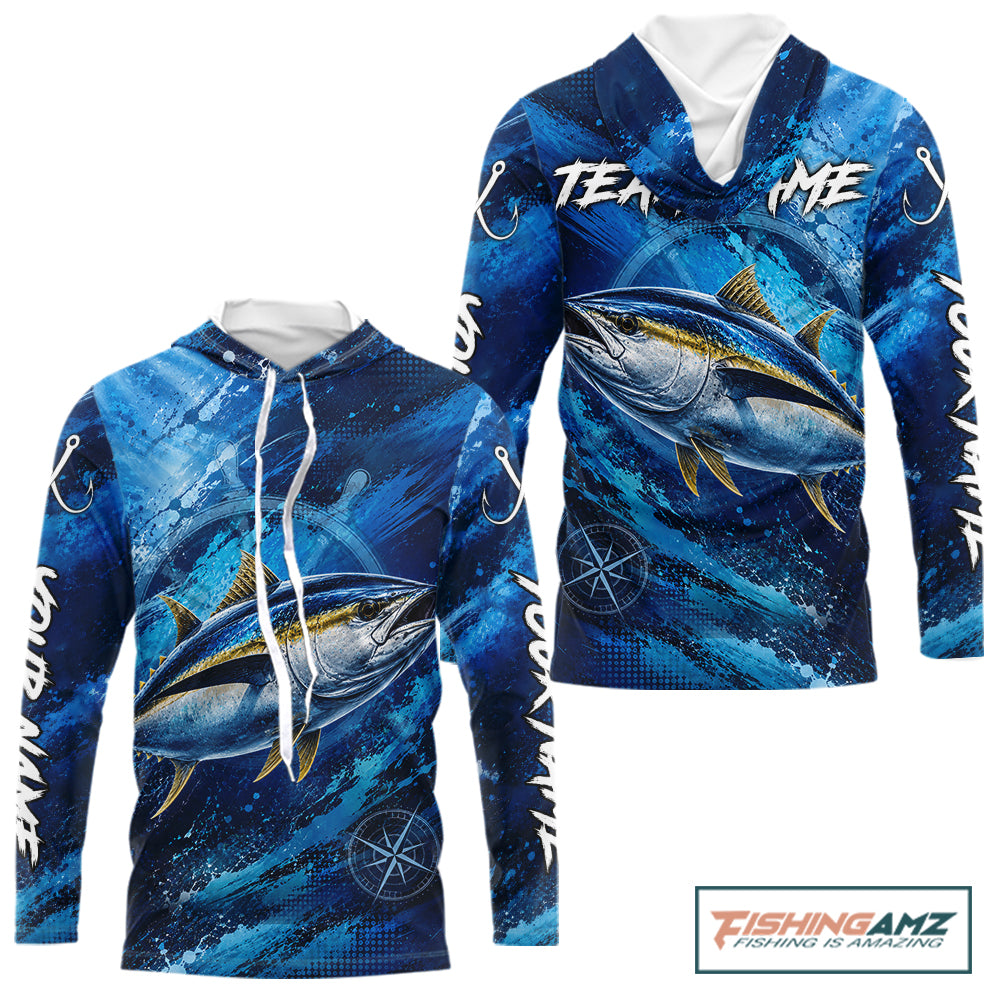 Back view of custom tuna hooded fishing shirt made from lightweight polyester with UPF 30+ sun protection.
