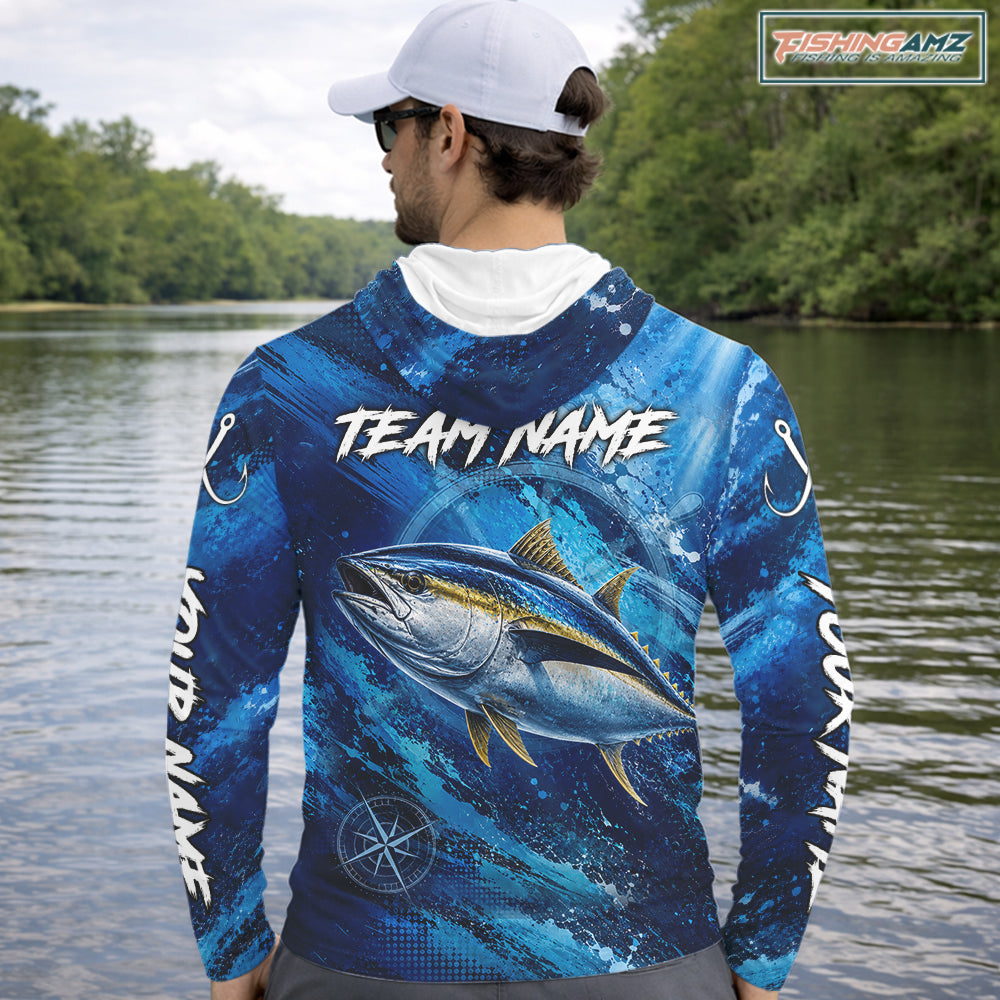 Custom Tuna Fishing Jersey, Personalized Long Sleeve Hooded Performance Fishing Shirt NHT1222