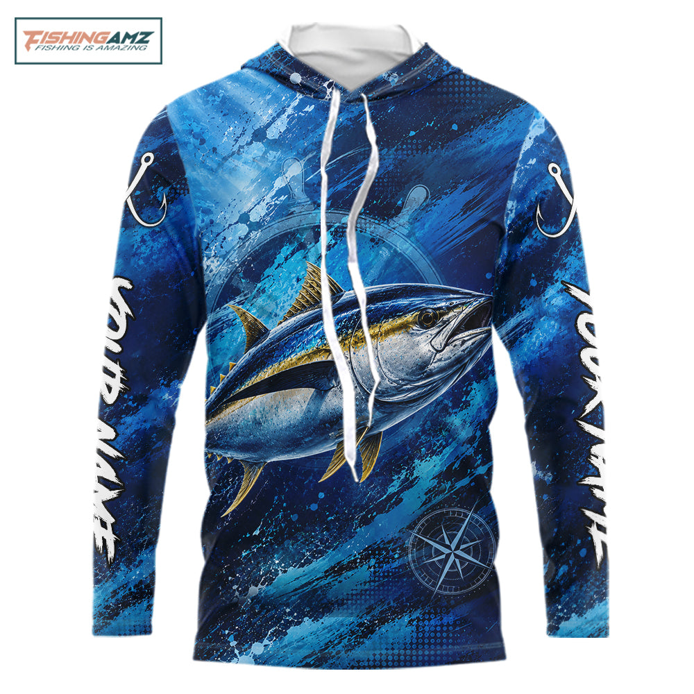 Custom Tuna Fishing Jersey long sleeve hooded shirt with bold tuna graphic and performance fit.