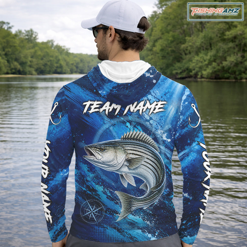 Custom Striped Bass Fishing Jersey, Personalized Long Sleeve Hooded Performance Fishing Shirt NHT1223