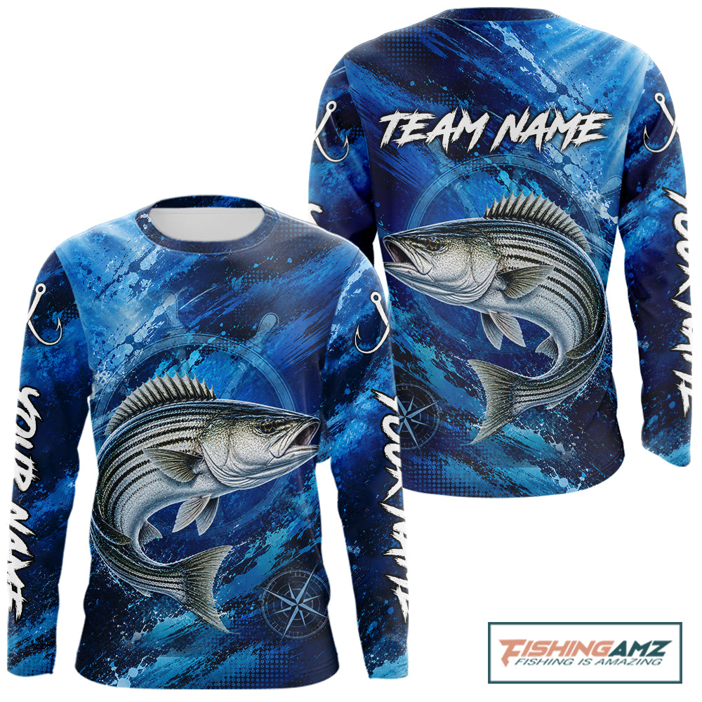 Back view of custom striped bass fishing shirt made from breathable polyester with UPF 30+ sun protection.