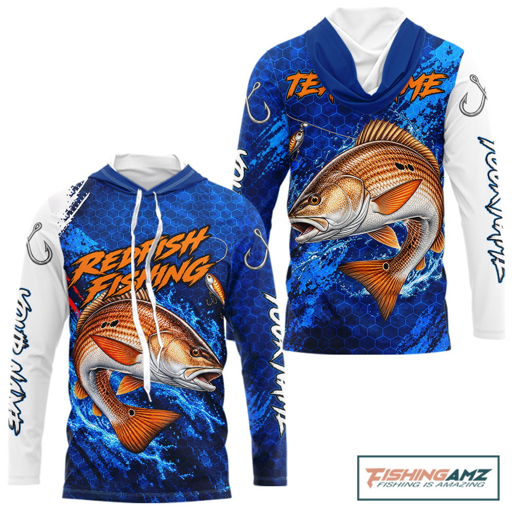 Redfish Fishing Blue Camo Long Sleeve Hooded Performance Fishing Shirt Custom Redfish Fishing Jerseys NBT1046